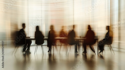 Dynamic business people in blurred motion collaborating at a table in a modern office corporate interior