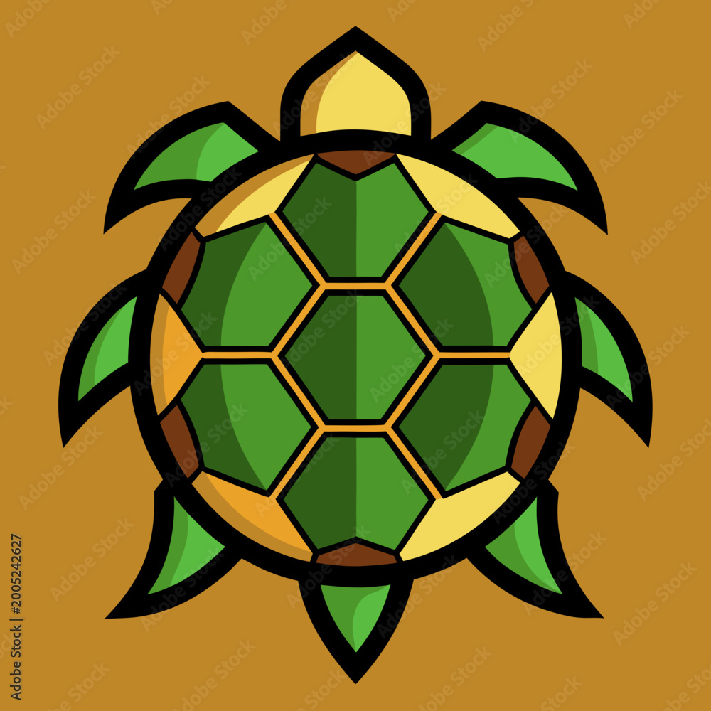 Obraz premium Stylized geometric sea turtle icon graphic with green and yellow shell, tortoise