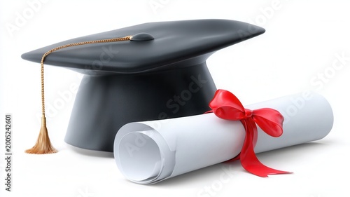 Graduation cap and diploma representing academic achievement, higher education, success, and on learning white background