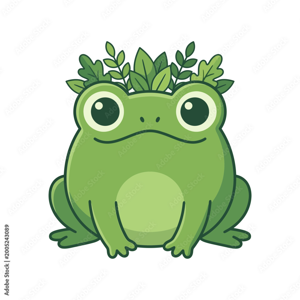 Fototapeta premium A cartoon frog with green leaves on its head sits calmly outdoors.