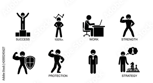 Stick Figures Set Illustrating Business Concepts of Success, Work, Strength, Protection, and Strategy on Isolated White Background.