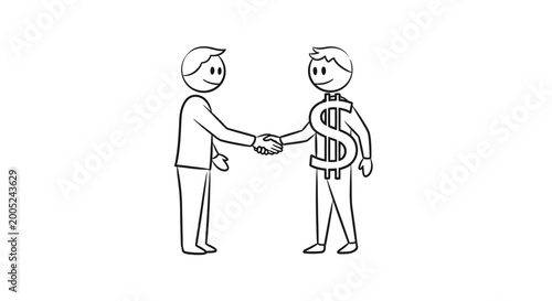 Line Art Drawing of Two Businessmen Shaking Hands, Symbolizing a Financial Deal or Partnership Agreement, on Isolated White Background.