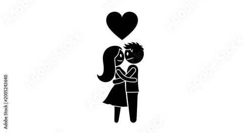 Loving Stick Figure Couple Embracing and Kissing with Heart Icon, Depicting Romance and Affection on Isolated White Background.