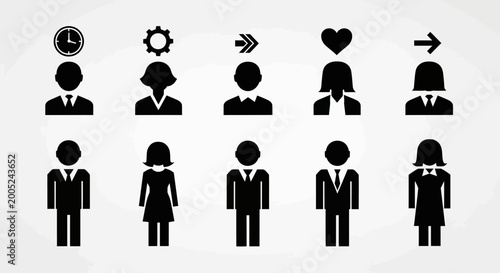 Business People Avatars Set with Conceptual Symbols like Time, Gear, Direction, and Heart, Representing Various Professional Concepts in Bright Studio.