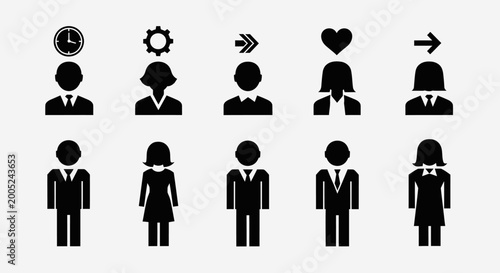 Business People Avatars Set with Conceptual Symbols like Time, Gear, Direction, and Heart, Representing Various Professional Concepts in Bright Studio.