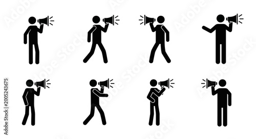 Stick Figures Set Announcing with Megaphones, Communicating and Protesting, in Various Poses on Isolated White Background.