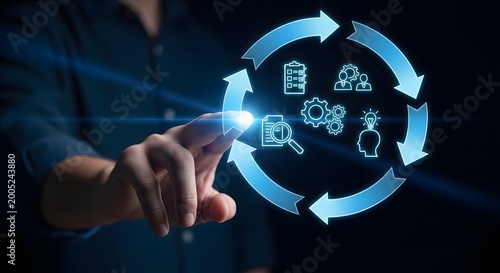 Businessman touching a digital interface with business process management icons in a circular cycle