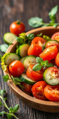 Fresh salad with tomatoes and cucumbers in a wooden bowl, meal, dinner