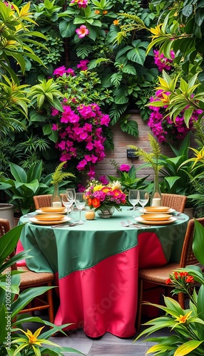 Lush greenery surrounds vibrant table setting, foliage, picnic