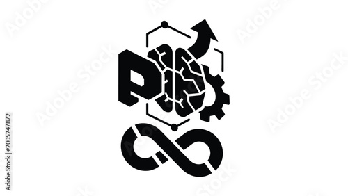 A futuristic logo design featuring a brain with gears and infinity symbol