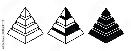 Isometric pyramid chart icons, black and white 4 level tiered diagram set, geometric 3D triangle infographic elements for business presentation