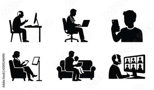 Telehealth and remote work silhouette icons, set of 6 digital communication vector elements, online medical consultation and video conferencing graphics