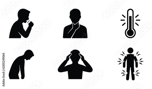 Foto Medical illness symptoms icon set, 6 black silhouette vector graphics of flu and