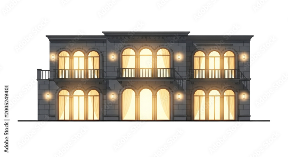 Fototapeta premium Luxury Classical Villa Facade Elevation with Arched Windows, Symmetrical Composition and Balcony Railings at Night Lighting