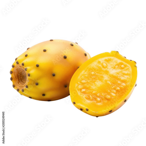 Yellow prickly pear fruit whole and halved isolated on transparent background high quality