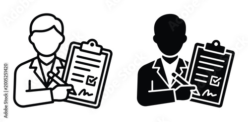 Professional businessman holding clipboard icon set, corporate manager signing contract vector, legal document and employee survey symbols