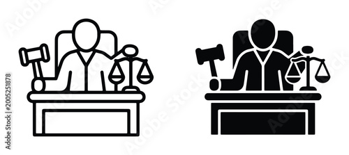 Fotografía Judge icon set with gavel and scales of justice, legal professional at courtroom