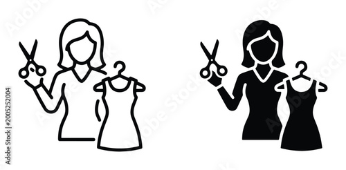 Professional fashion designer icons, female tailor holding scissors with dress on hanger, minimalist garment industry vector set