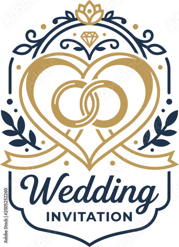 Luxury Wedding Invitation Badge with Heart and Rings