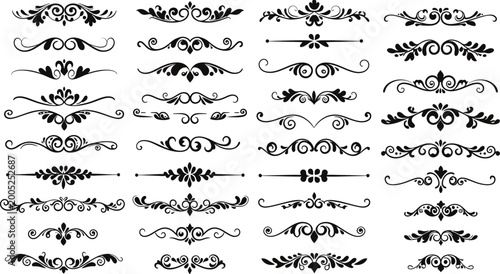 Elegant set of vintage calligraphic design elements featuring floral ornamental frames, victorian borders, and decorative vector scrolls for wedding flourishes or retro page dividers