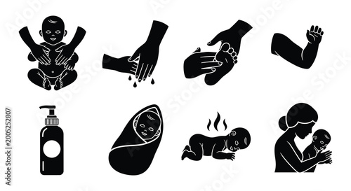 Baby care vector icons set including lotion bottle and infant massage