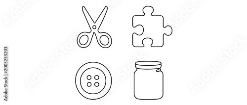 Professional occupational therapy vector icon set collection of 4 minimalist line icons featuring scissors, jigsaw puzzle piece, sewing button, and glass jar for medical rehab and health care.