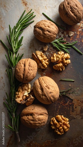Walnuts and Fresh Rosemary Still Life Top View