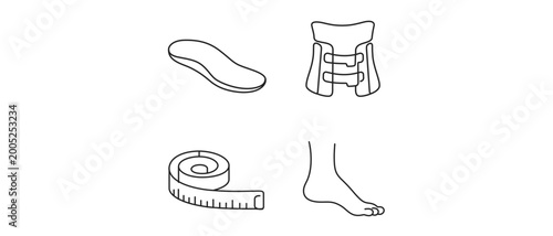 Medical orthotics and orthopedic therapy vector icon set collection of 4 icons featuring a shoe insert, spinal back brace, measuring tape, and human foot for healthcare and rehabilitation.