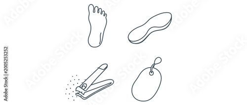 Vector icon set collection of 4 icons for podiatry and foot care featuring a human foot sole, orthotic shoe insert, professional nail clippers, and a pumice stone for skin exfoliation and health.