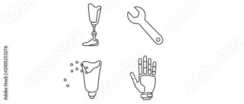 Professional vector icon set collection of 4 minimalist line art icons for medical prosthetics and orthopedic rehabilitation, featuring a prosthetic leg, mechanical hand, socket, and a wrench tool.