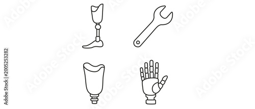 Professional vector icon set collection of 4 icons featuring a prosthetic leg, adjustment wrench, prosthetic socket, and mechanical hand for medical rehabilitation, orthotics, and disability care.