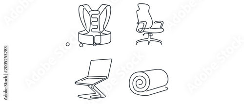 Minimalist vector icon set collection of 4 icons including posture correction back brace, ergonomic office chair, laptop stand, and rolled towel for spinal health and back pain relief.