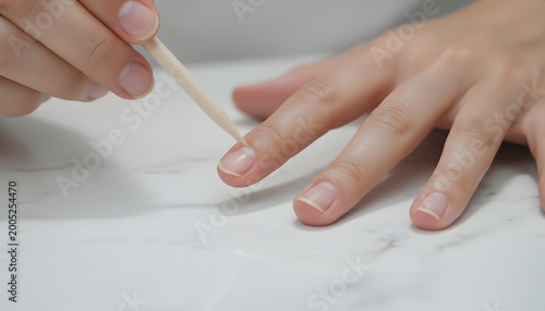 Close up of a woman cleaning under her fingernail using a wooden orange stick for personal grooming and hygiene health concept