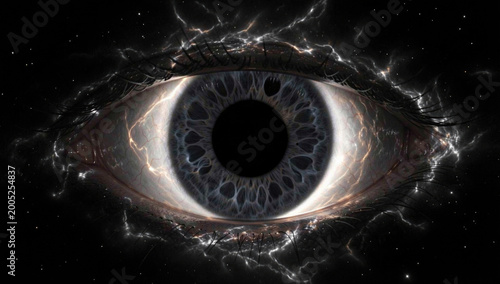 Close-up shot of an eye with lightning bolt emerging from the pupil, ideal for use in sci-fi or fantasy illustrations