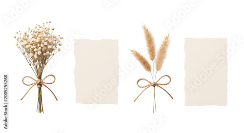 Canvas Print Dried flowers and torn paper notes with twine bows.