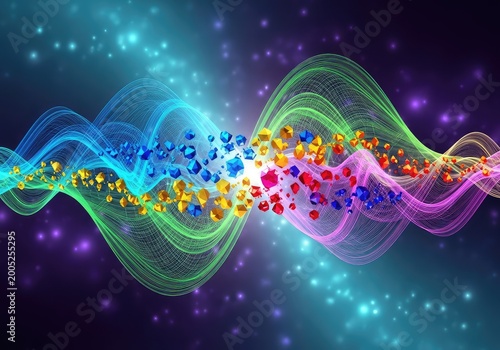 Dynamic visualization of quantum duality merging energy waves and discrete particles in a vibrant, complex scientific abstract background design, wallpaper, particle, concept
