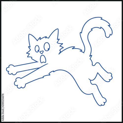 Tableau sur toile Cat stretched out with raised tail and startled expression in simple blue ink dr