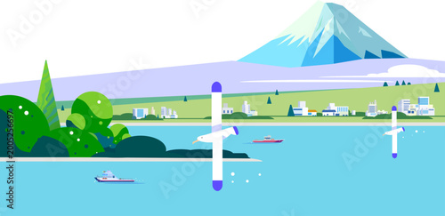 富士山と海を望む街並みのフラットデザインイラスト。クリーンパスで編集可能なベクター背景素材（コピースペースあり）