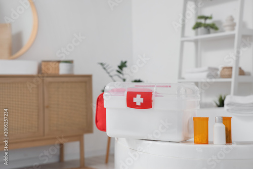 First aid kits on bathtub i...