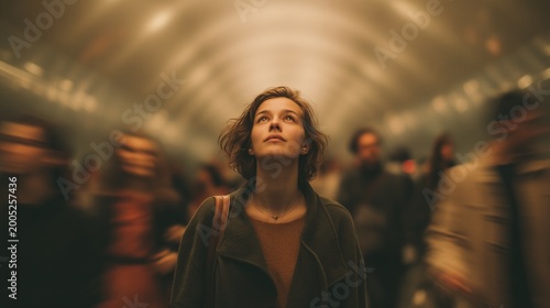 Young woman looking upward in crowded subway with motion blur people