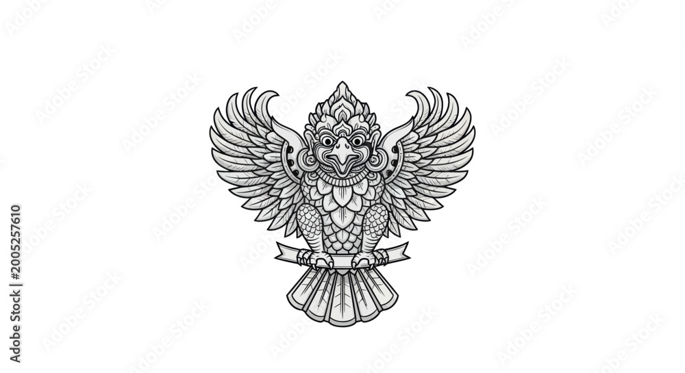 Obraz premium Garuda Bird Illustration - Mythical Creature, Indonesian Symbol, Tribal Art, Black and White