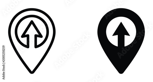 Free Download Minimalist map pin icons with up arrow, black location pointer vector set, navigation marker symbols for travel apps and logistics tracking - GFXLoad