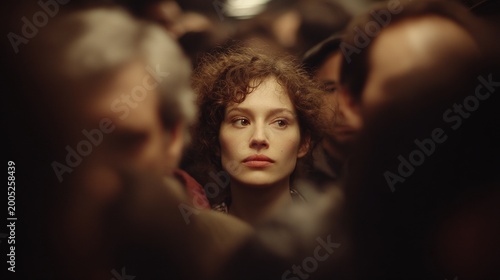 Serious young woman surrounded by crowd in subway with shallow depth of field