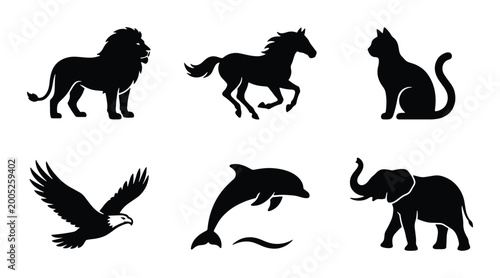 Billede på lærred Black animal silhouettes set, collection of 6 minimalist wildlife icons, lion ho