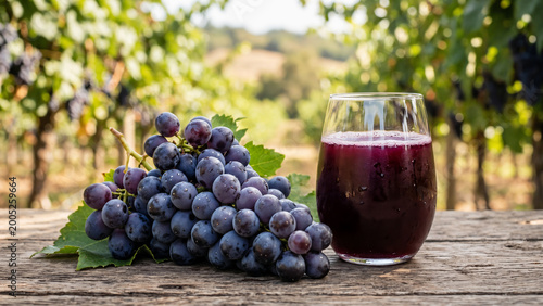 a bunch of grapes and a glass of grape juice