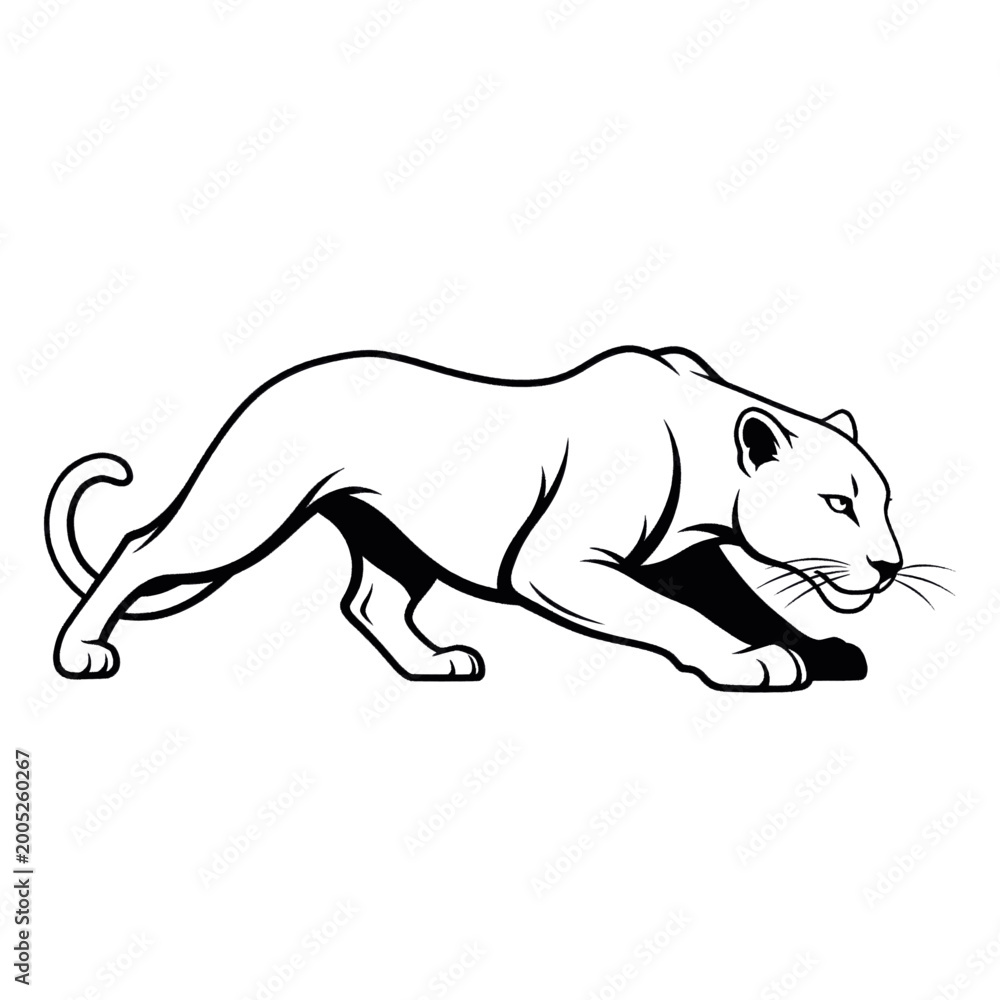 Fototapeta premium Stylized illustration of a black panther in a stalking pose, isolated on a white background.