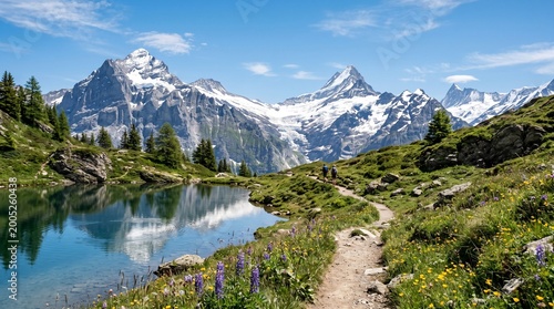 Konstfotografi Snow-capped peaks reflecting in pristine alpine lake, winding hiking path throug