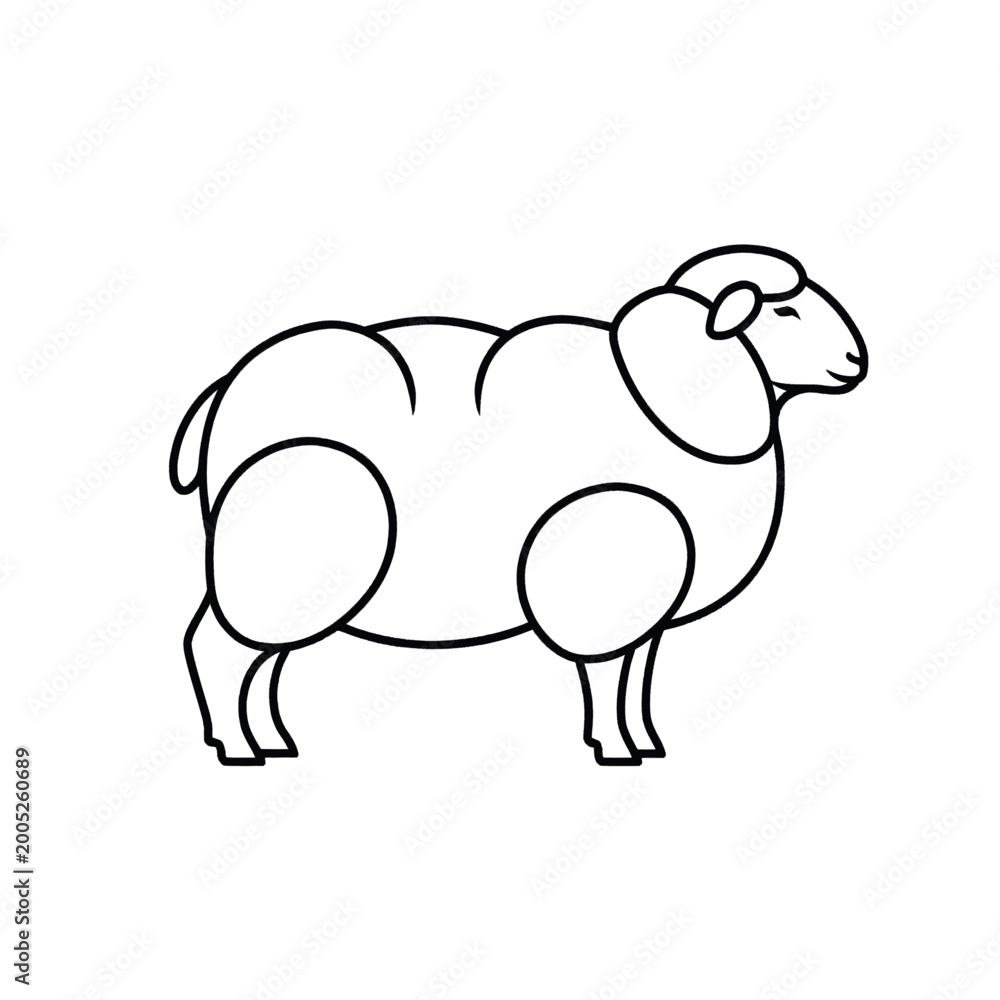 Obraz premium Simple line drawing of a fluffy sheep standing profile view, isolated on white background.