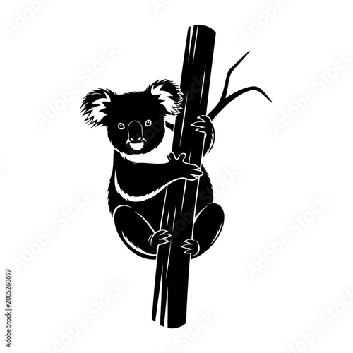 Photography Stylized silhouette of a cute koala clinging to a tree branch, rendered in black and white