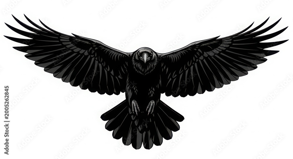 Fototapeta premium Black raven bird flying with spread wings